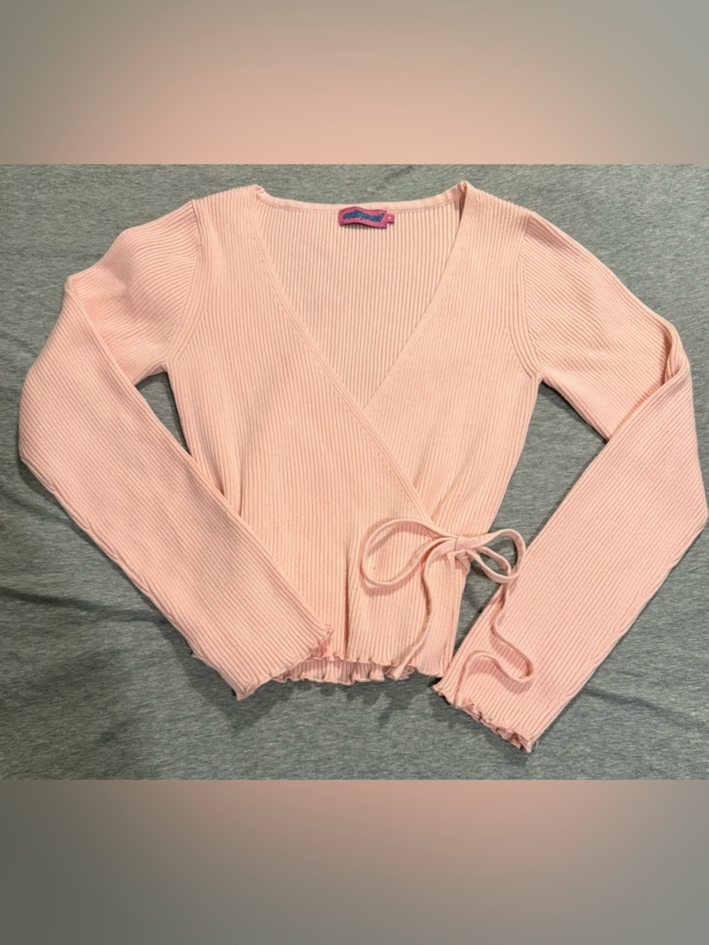 Edikted Pale Pink Ribbed Wrap Long Sleeve Top with Tie